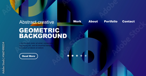 Modern website mockup. Blue gradients dominate design. Geometric shapes create dynamic visual interest. Text highlights key sections.
