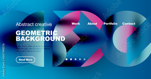 Abstract geometric background design. Blue, pink gradients dominate. Text overlays present work, about, portfolio, contact options. Button visible.