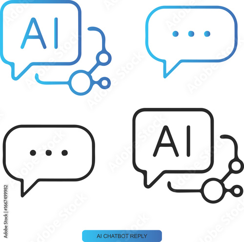 “AI CHATBOT REPLY” – Icon Quartet for Conversational Intelligence, Neural Dialogue, and Emotional Interface Design in Branding, UI, and Merch