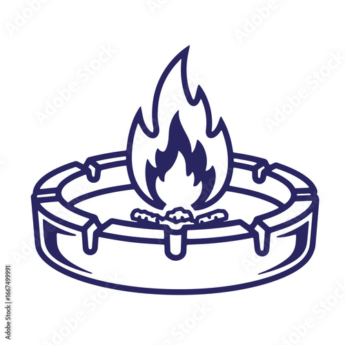 Blue outline illustration of a gas stove burner with a blazing flame on a white background