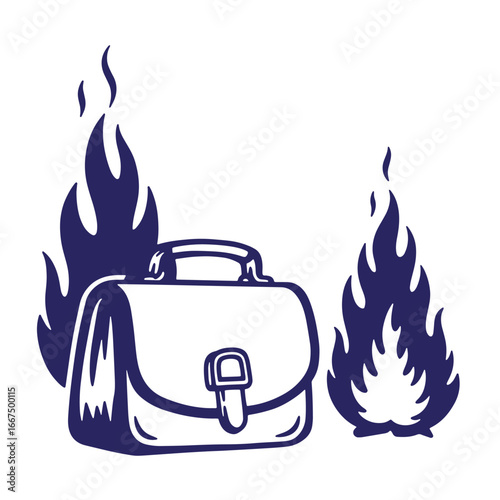 Burning briefcase and flames illustration depicting job loss financial trouble or crisis
