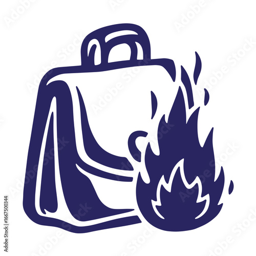 Burning briefcase depicting risk danger failure stress crisis or financial problems