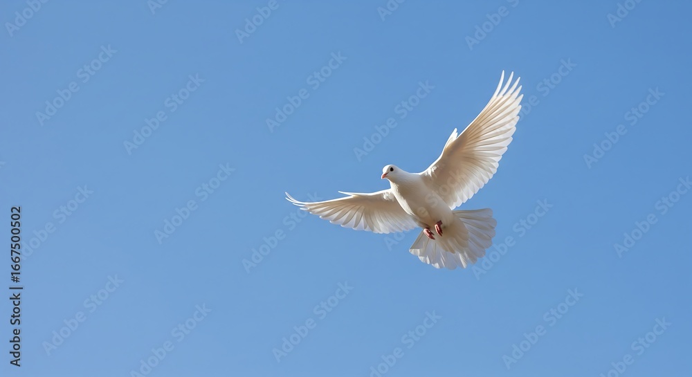 Obraz premium A white dove soars through a clear, bright blue sky, its wings spread wide in flight.