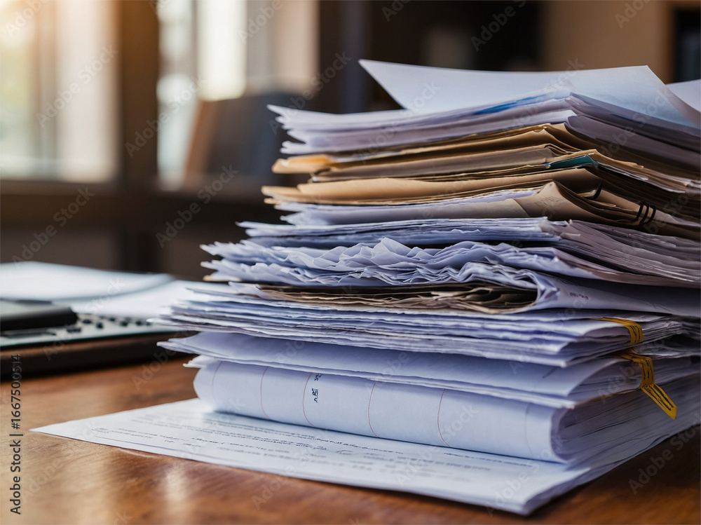 Stack of Paper Documents on a Desk in Office Setting Stack of Paper Documents on a Desk in Office Setting