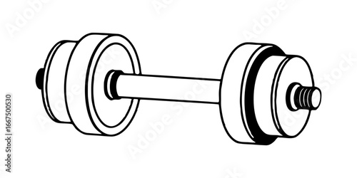 Illustration of a dumbbell with circular weights and a straight bar in a black and white design style