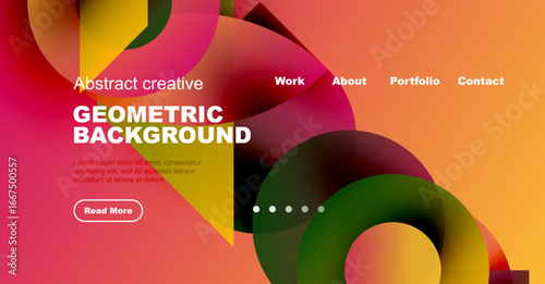 Vibrant abstract shapes, gradients, text overlay. Website header design with navigation options, button visible. Modern, colorful presentation.