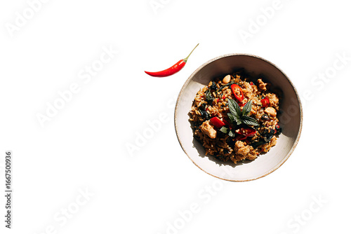 Delicious bowl of rice dish garnished with fresh herbs and red chili on black background for food photography