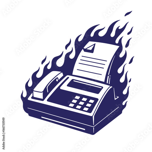 Burning fax machine illustration concept depicting obsolescence and technological outdatedness