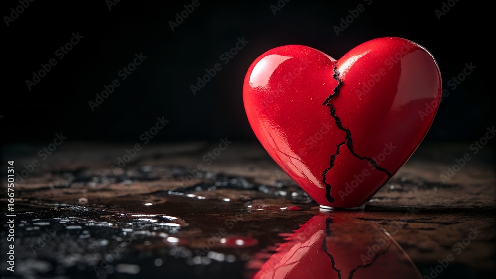 Fototapeta premium A broken red heart on a dark, wet surface with reflection