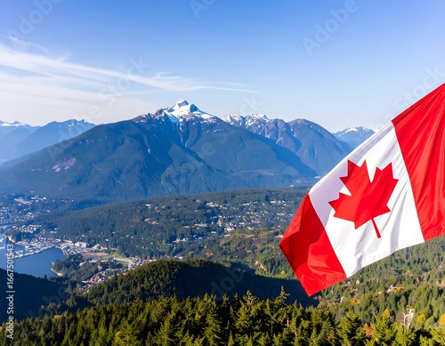 Panoramic mountain view with Canadian flag