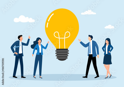Innovation idea to drive team success, business innovative solution, community or invention help company achieve goal concept, business people teamwork with big smart lightbulb.