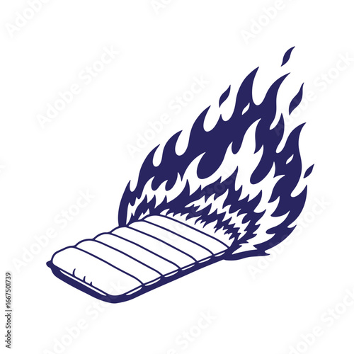 Burning sleeping bag illustration depicting extreme heat or destructive metaphor on white background