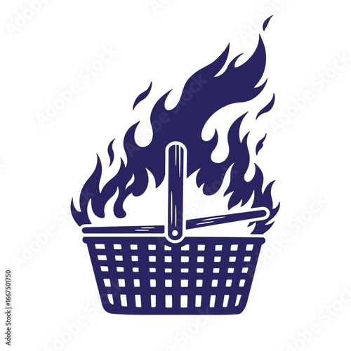 Burning picnic basket vector illustration depicting fire flames and graphic conceptual representation