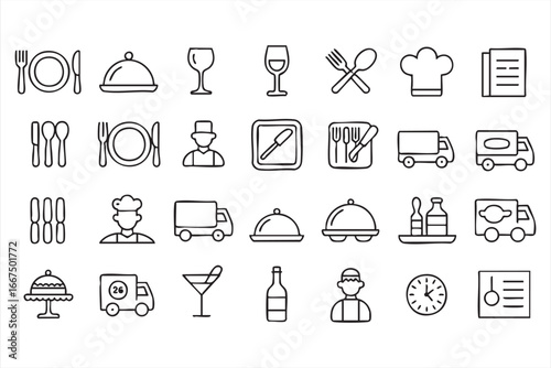 Restaurant kitchen and service icons featuring chef, plate, utensils, and delivery