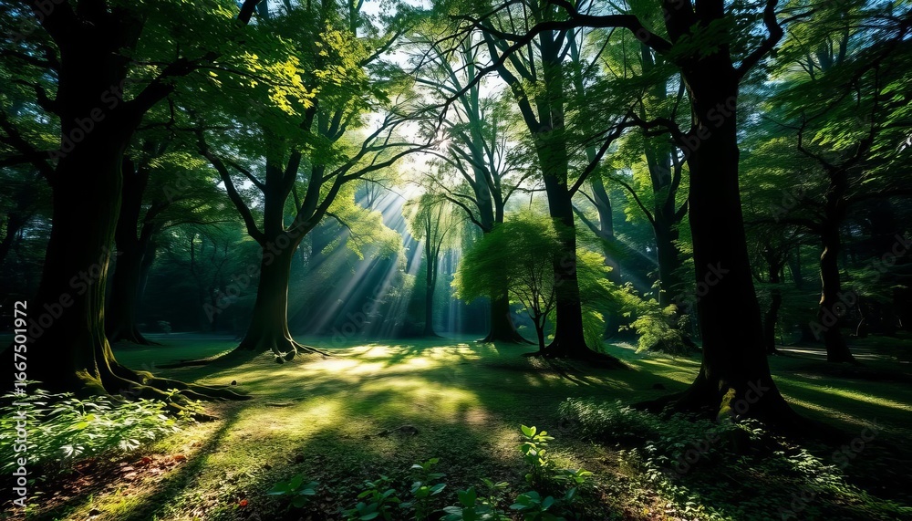 Obraz premium Deep shadows dappled sunlight on lush green forest floor, ancient trees, shadow, leaves