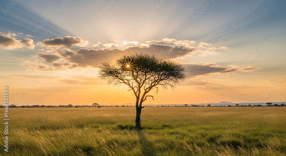 Obraz premium Lone acacia tree in the savanna at sunset