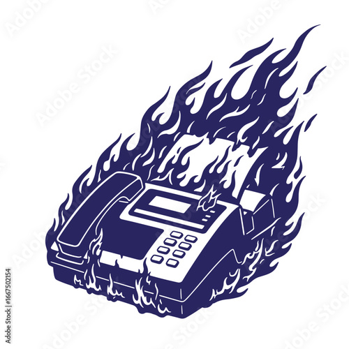 Burning telephone with flame illustration showing obsolete technology on a white background