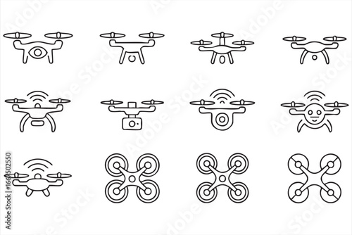Set of drone technology icons for flying, aerial photography, and innovation