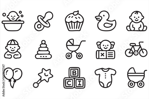 Baby shower and parenting icons, featuring bath, stroller, and toy illustrations