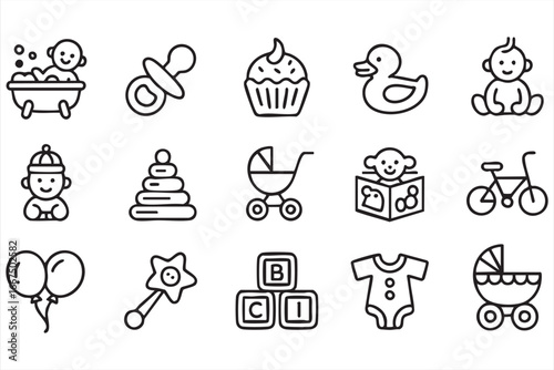 Set of baby items and accessories icons for parenting and childcare projects
