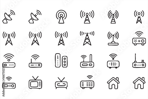 Set of wireless communication icons including routers, antennas, and satellite