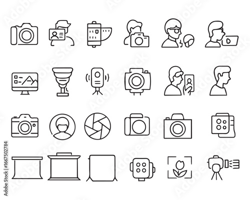 Set of outline icons related to photography. Linear icon collection