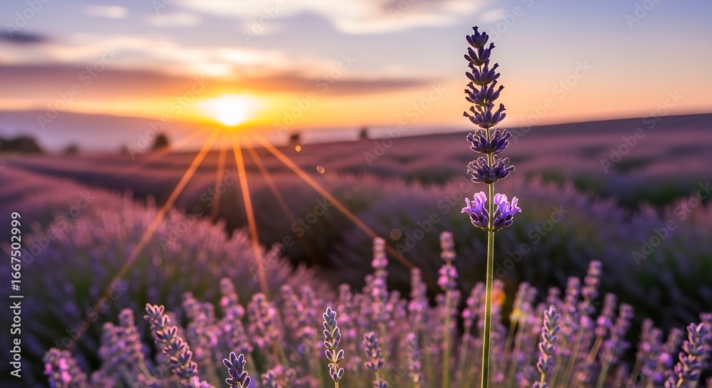 Obraz premium Lavender field at sunset with a single stalk in focus