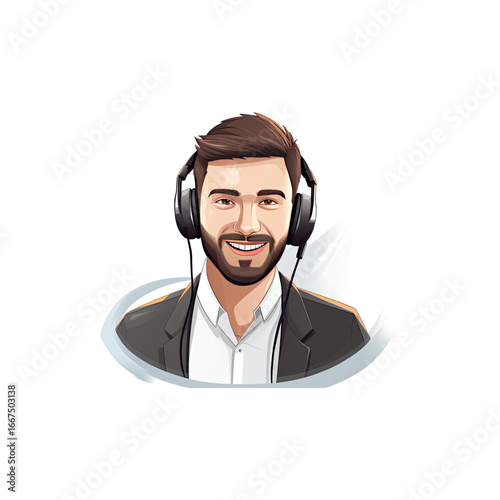 A smiling customer service representative wearing a headset in minimalist style on white background
