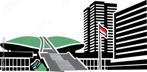 Black and white vector illustration of the Indonesian Parliament Building (Gedung DPR/MPR RI) in Jakarta, depicting its iconic dome architecture in minimalist line art style