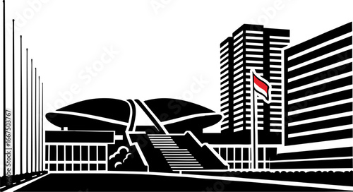 Black and white vector illustration of the Indonesian Parliament Building (Gedung DPR/MPR RI) in Jakarta, depicting its iconic dome architecture in minimalist line art style