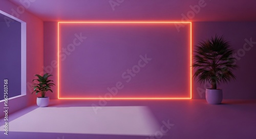 Modern room with neon glow and plants creates inviting atmosphere