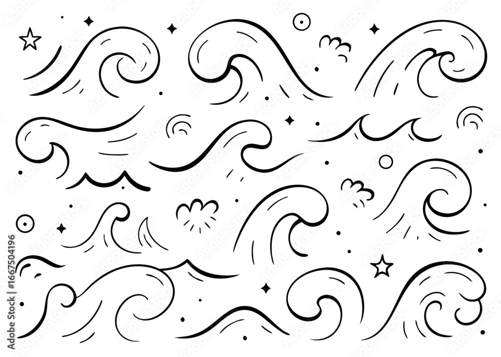 Fototapeta premium Charming hand drawn ocean wave illustrations perfect for coastal themed designs and summer projects