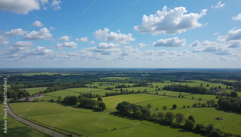 Fototapeta premium Expansive rural landscape under a bright sky with scattered clouds and green fields stretching to