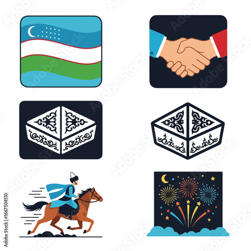 Uzbekistan culture and traditions represented in vector icons set