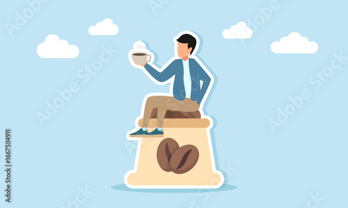 Man holding a cup of hot coffee sitting on a pile of coffee beans inside a sack illustration for appreciation of coffee day or coffee festival celebration