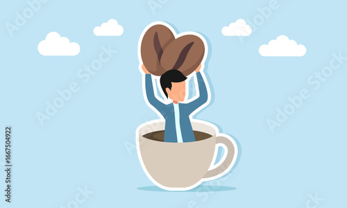 Man emerging from a coffee cup lifting coffee beans illustration for appreciation of coffee day or coffee festival celebration