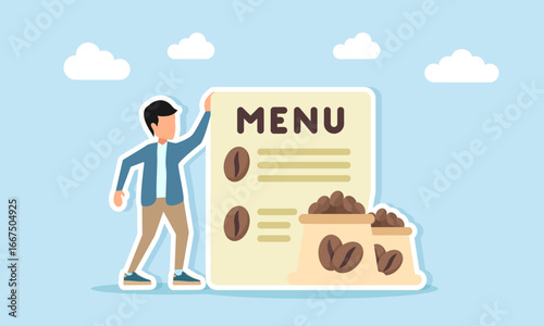 Man standing beside a menu board and several coffee sacks illustration for appreciation of coffee day or coffee festival celebration