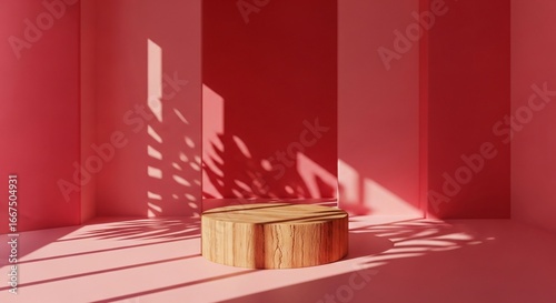 Stunning wooden product display on a vibrant pink backdrop with shadows