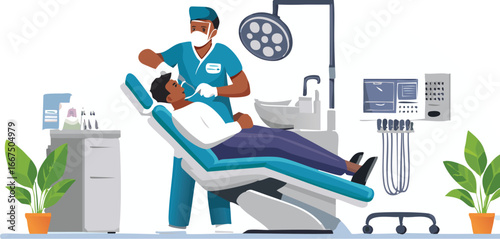 Dentist performing oral checkup in vector for youth health education
Dental clinic vector showing examination tools and patient interaction