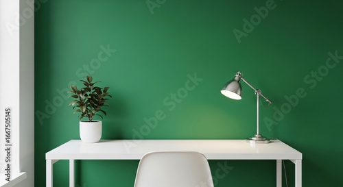 Modern workspace with green wall, desk lamp, and plant for design concept