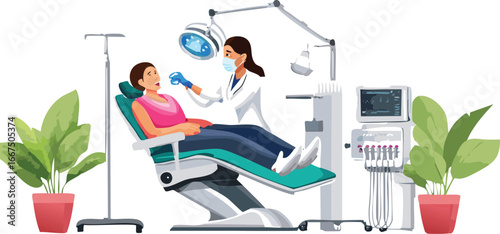Dental clinic vector showing oral examination with tools and medical monitor
Dentist and patient in clean clinic environment for educational health content
