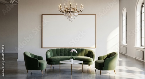 Elegant green sofa seating area with chandelier and empty frame