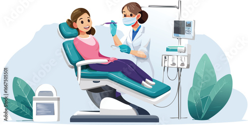 Vector illustration of dental procedure with patient and professional dentist
Dental clinic vector showing oral examination with tools and medical monitor