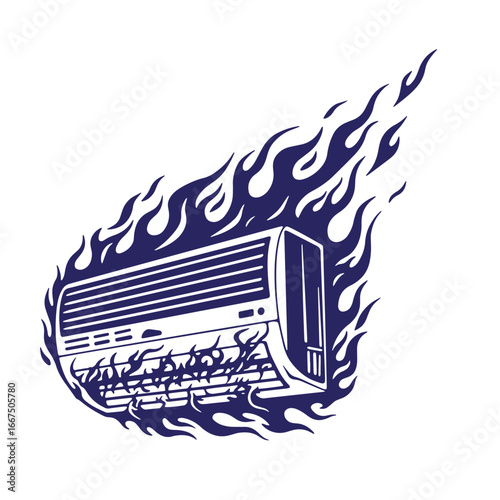 Illustration of a burning air conditioner symbolizing overheating and cooling system problems