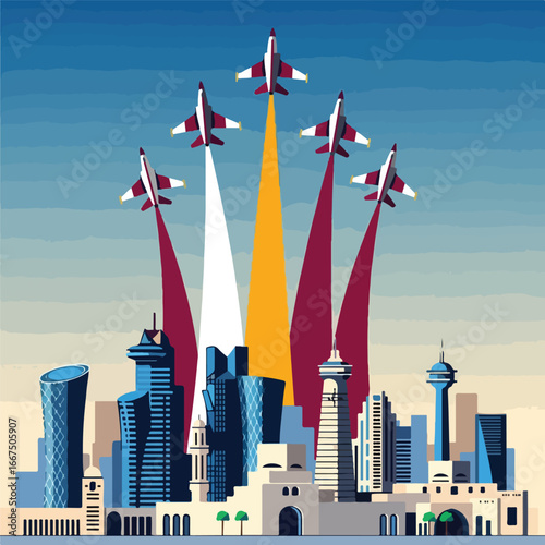 Airshow display over the city with jets and colorful smoke trails