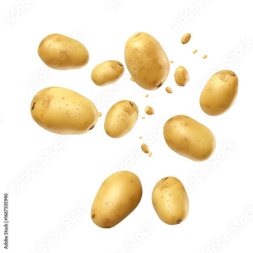A group of potatoes scattered on a transparent background