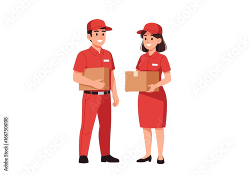 Professional delivery service team with a male and female courier in red uniforms holding cardboard packages, isolated vector illustration
