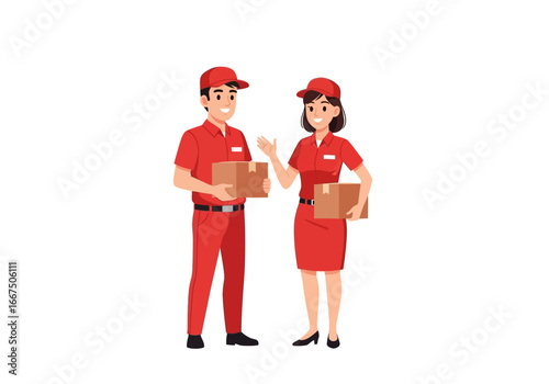 Dedicated male and female delivery professionals in red uniforms, confidently handling packages, symbolizing efficient logistics, reliable shipping, and excellent customer service