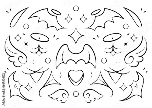 Stylized angel and devil contrast illustration featuring celestial and infernal beings in bold colors
