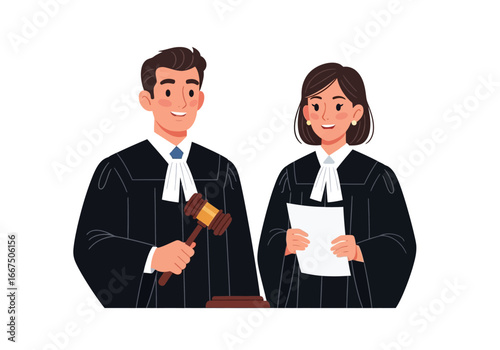 A male and female lawyer standing together dressed in traditional black robes and wigs, holding a gavel and legal document
